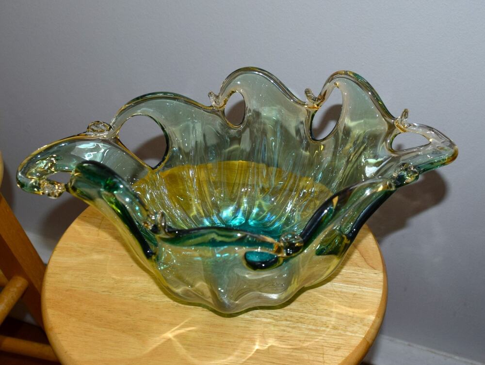 RARE Murano Green & Honey Amber 13” Art Glass Wave Bowl Center Piece BEAUTIFUL